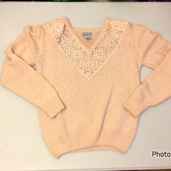 Vintage 80s Angora Blend Sweater Deep V Lace Grannycore Grandma Coquette (T6) - Picture 2 of 13